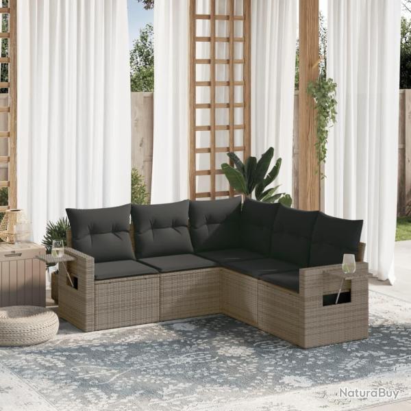 Salon de jardin 5 pcs avec coussins gris r�sine tress�e