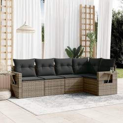 Salon de jardin 5 pcs avec coussins gris r&eacute;sine tress&eacute;e