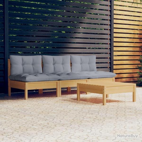 Salon de jardin 4 pcs avec coussins gris Bois de pin