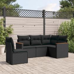 Salon de jardin 5 pcs avec coussins noir r&eacute;sine tress&eacute;e