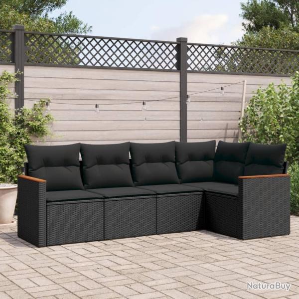 Salon de jardin 5 pcs avec coussins noir r�sine tress�e