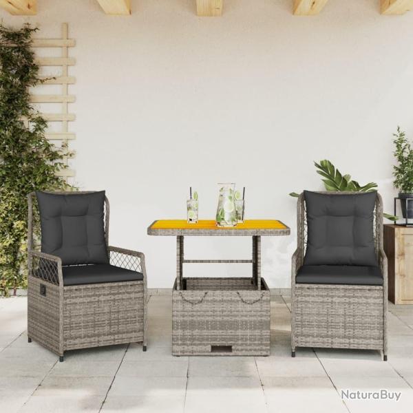 Ensemble � manger de jardin 3 pcs coussins gris r�sine tress�e alsavelo
