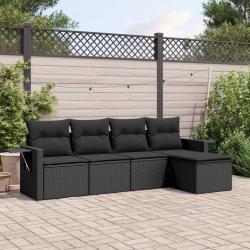 Salon de jardin 5 pcs avec coussins noir r&eacute;sine tress&eacute;e