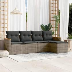 Salon de jardin 5 pcs avec coussins gris r&eacute;sine tress&eacute;e