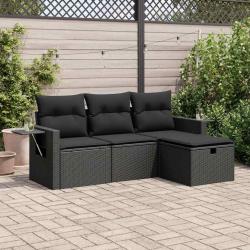 Salon de jardin 4 pcs avec coussins noir r&eacute;sine tress&eacute;e
