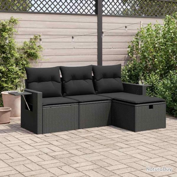 Salon de jardin 4 pcs avec coussins noir r�sine tress�e