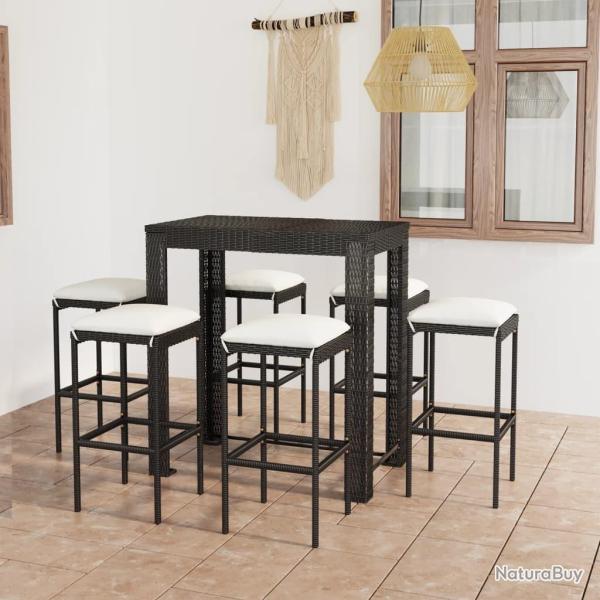 bar de jardin 7 pcs et coussins R�sine tress�e Noir