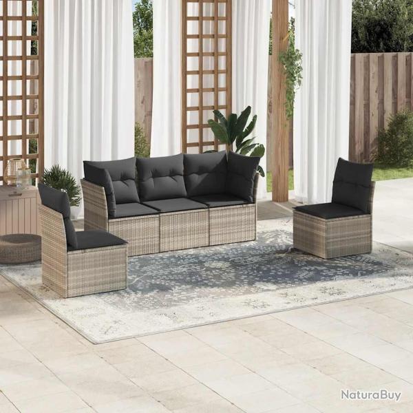 Salon de jardin 5 pcs avec coussins gris clair r�sine tress�e