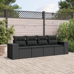 Salon de jardin 4 pcs avec coussins noir r&eacute;sine tress&eacute;e