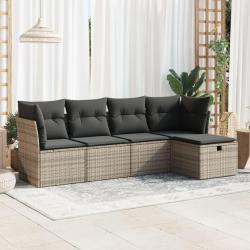 Salon de jardin 5 pcs avec coussins gris r&eacute;sine tress&eacute;e