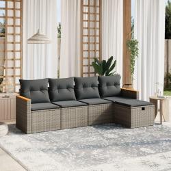 Salon de jardin 5 pcs avec coussins gris r&eacute;sine tress&eacute;e