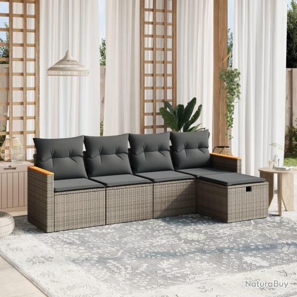 Salon de jardin 5 pcs avec coussins gris r�sine tress�e