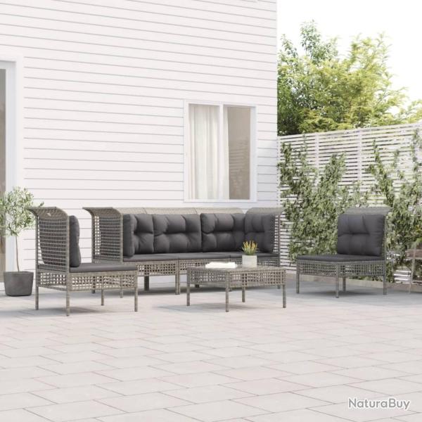 Salon de jardin 6 pcs avec coussins Gris R�sine tress�e alsavelo