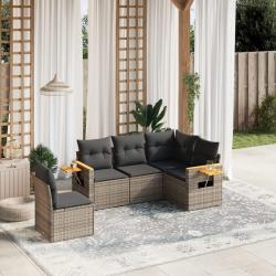 Salon de jardin 5 pcs avec coussins gris r&eacute;sine tress&eacute;e