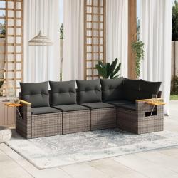 Salon de jardin 5 pcs avec coussins gris r&eacute;sine tress&eacute;e