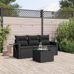 Salon de jardin 4 pcs avec coussins noir r&eacute;sine tress&eacute;e