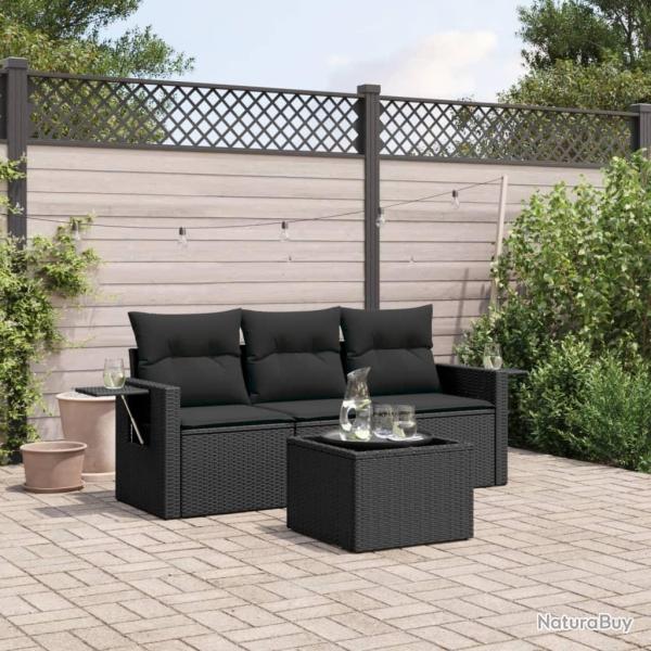 Salon de jardin 4 pcs avec coussins noir r�sine tress�e
