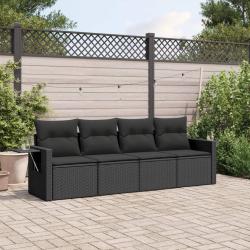 Salon de jardin 4 pcs avec coussins noir r&eacute;sine tress&eacute;e