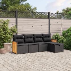 Salon de jardin 5 pcs avec coussins noir r&eacute;sine tress&eacute;e
