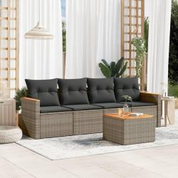 Salon de jardin 5 pcs avec coussins gris r&eacute;sine tress&eacute;e