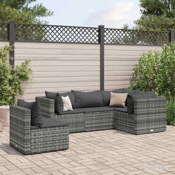 Salon de jardin 5 pcs avec coussins Gris R�sine tress�e
