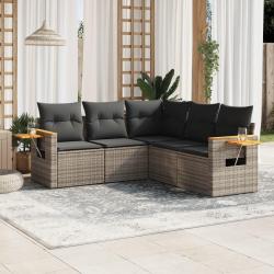 Salon de jardin 5 pcs avec coussins gris r&eacute;sine tress&eacute;e