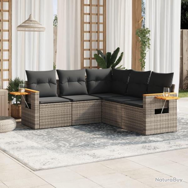 Salon de jardin 5 pcs avec coussins gris r�sine tress�e