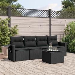 Salon de jardin 5 pcs avec coussins noir r&eacute;sine tress&eacute;e