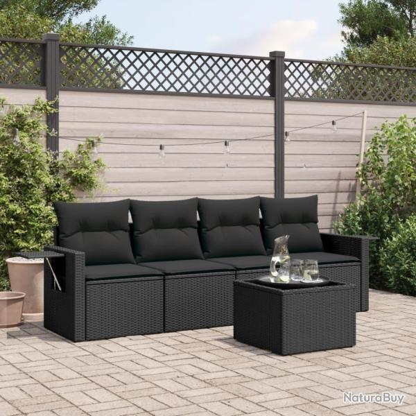 Salon de jardin 5 pcs avec coussins noir r�sine tress�e