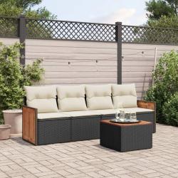 Salon de jardin 5 pcs avec coussins noir r&eacute;sine tress&eacute;e