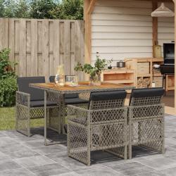 Ensemble &agrave; manger de jardin 5 pcs coussins gris r&eacute;sine tress&eacute;e