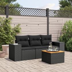 Salon de jardin 4 pcs avec coussins noir r&eacute;sine tress&eacute;e