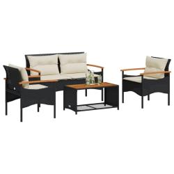 Salon de jardin 4 pcs avec coussins noir r&eacute;sine tress&eacute;e