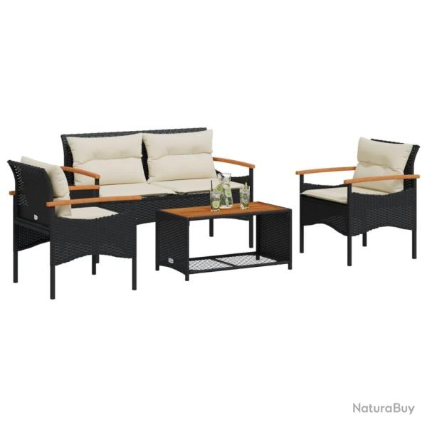 Salon de jardin 4 pcs avec coussins noir r�sine tress�e