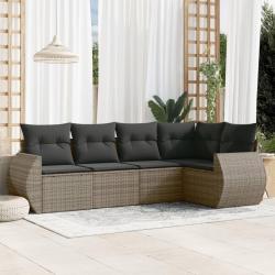 Salon de jardin 5 pcs avec coussins gris r&eacute;sine tress&eacute;e