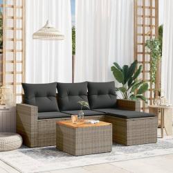 Salon de jardin 5 pcs avec coussins gris r&eacute;sine tress&eacute;e