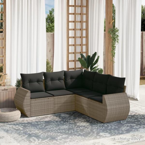 Salon de jardin 5 pcs avec coussins gris r�sine tress�e