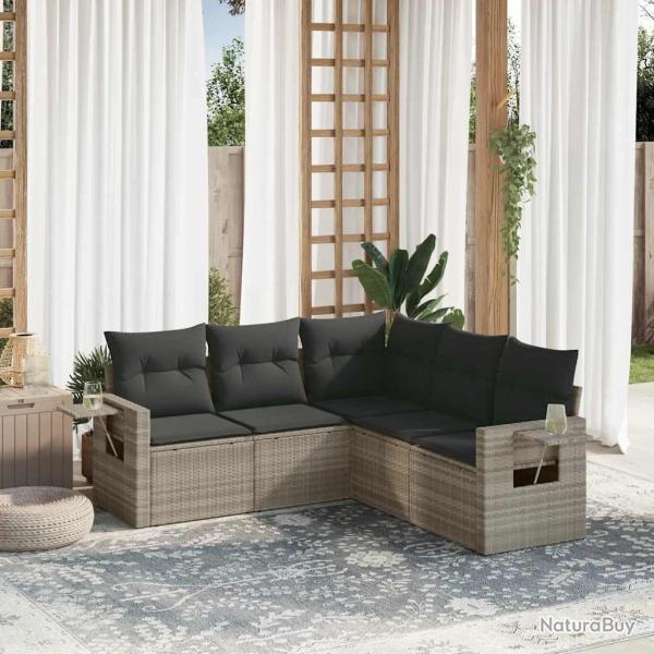 Salon de jardin 5 pcs avec coussins gris clair r�sine tress�e