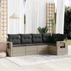 Salon de jardin 5 pcs avec coussins gris clair r&eacute;sine tress&eacute;e