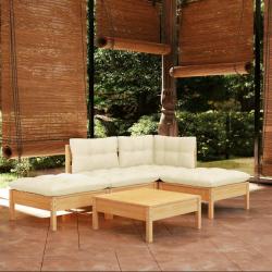 Salon de jardin 5 pcs avec coussins cr&egrave;me bois de pin