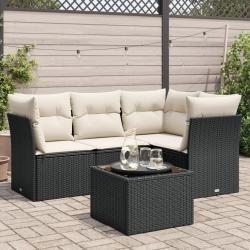 Salon de jardin 5 pcs avec coussins noir r&eacute;sine tress&eacute;e