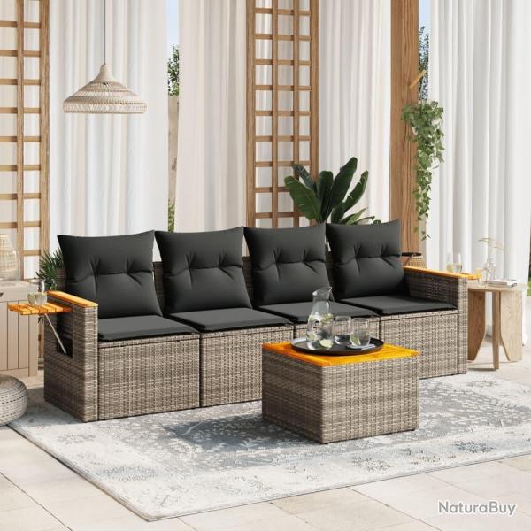 Salon de jardin 5 pcs avec coussins gris r�sine tress�e