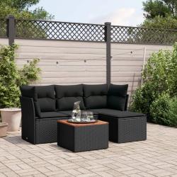 Salon de jardin 5 pcs avec coussins noir r&eacute;sine tress&eacute;e