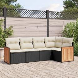 Salon de jardin 5 pcs avec coussins noir r&eacute;sine tress&eacute;e