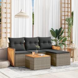 Salon de jardin 5 pcs avec coussins gris r&eacute;sine tress&eacute;e