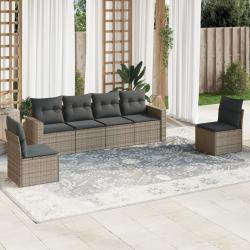Salon de jardin 6 pcs avec coussins gris r&eacute;sine tress&eacute;e