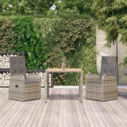 Ensemble &agrave; manger de jardin 3 pcs coussins gris r&eacute;sine tress&eacute;e