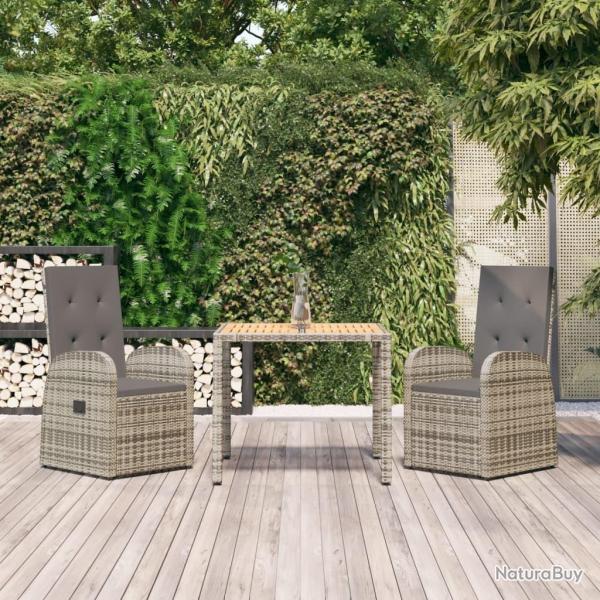 Ensemble � manger de jardin 3 pcs coussins gris r�sine tress�e alsavelo