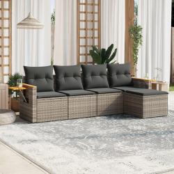 Salon de jardin 5 pcs avec coussins gris r&eacute;sine tress&eacute;e