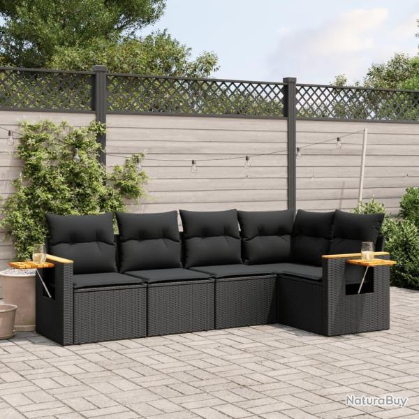 Salon de jardin 5 pcs avec coussins noir r�sine tress�e